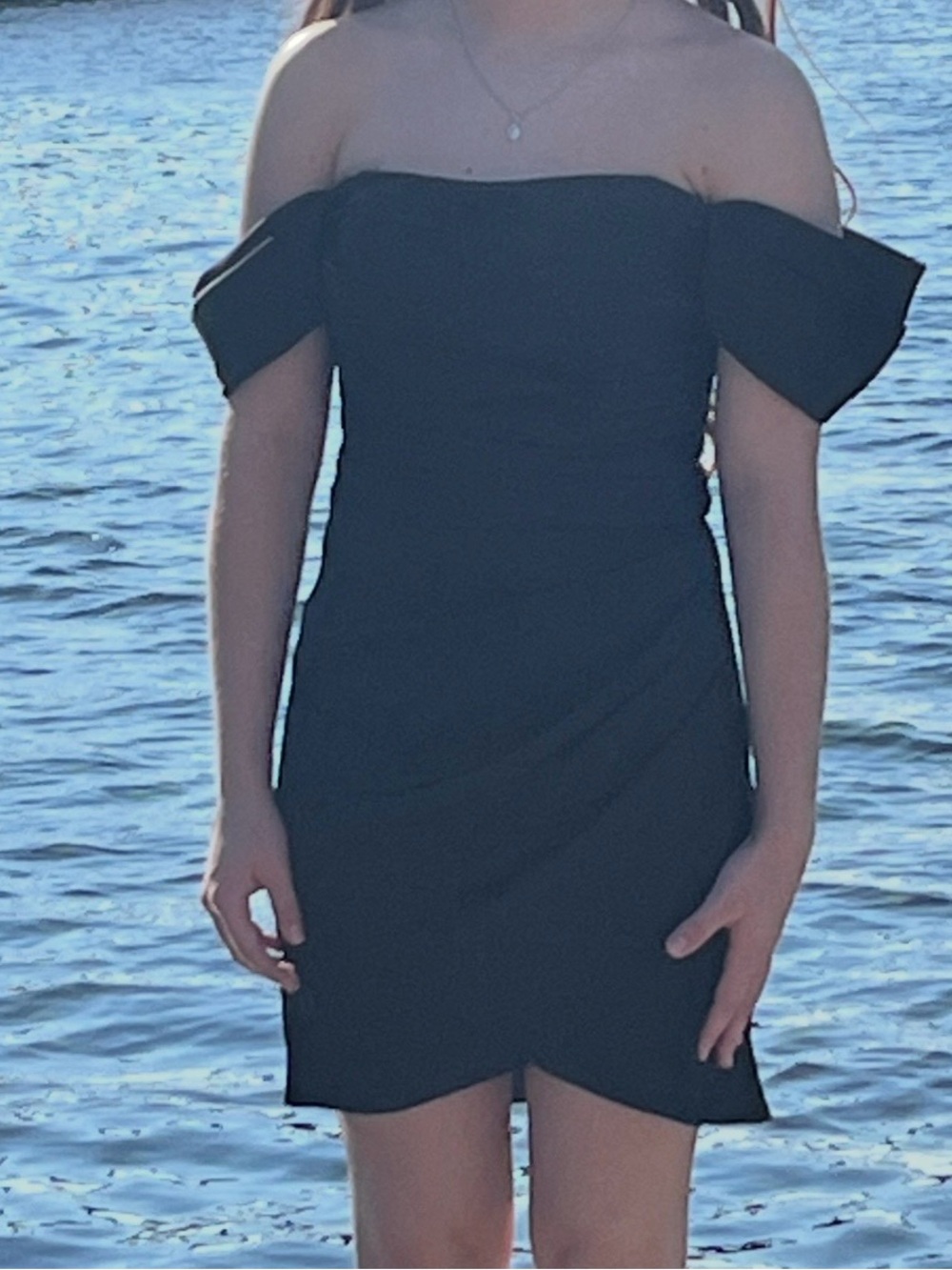 David's Bridal Black Off-Shoulder Mini Dress